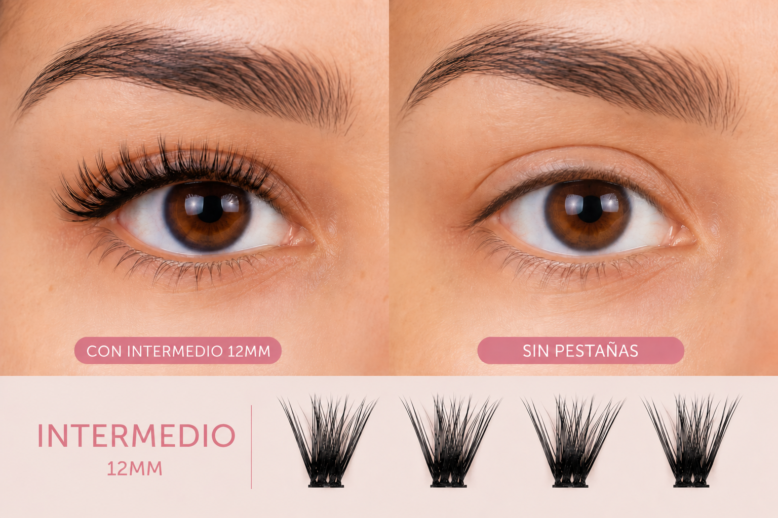 Comparación del estilo Intermedio 12 mm puesto y sin pestañas