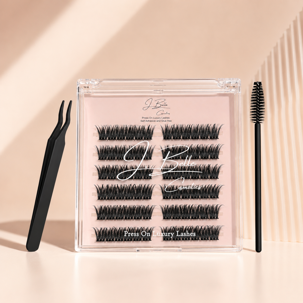 Kit Press-On Luxury Lashes J. Belle con clusters, pinzas y cepillo