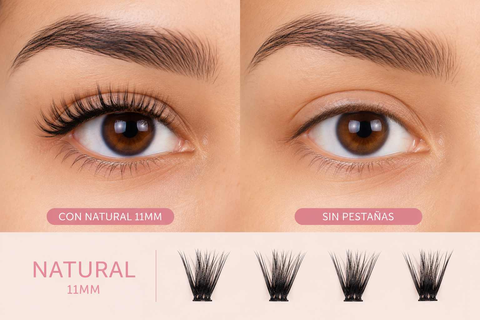 Comparación del estilo Natural 11 mm puesto y sin pestañas