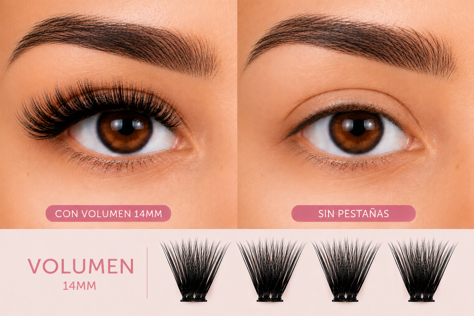 Comparación del estilo Volumen 14 mm puesto y sin pestañas